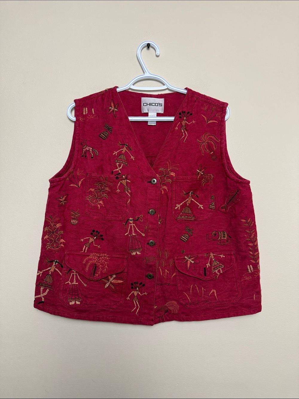 Vintage Chico's Deep Red Embroidered Button Vest size 2